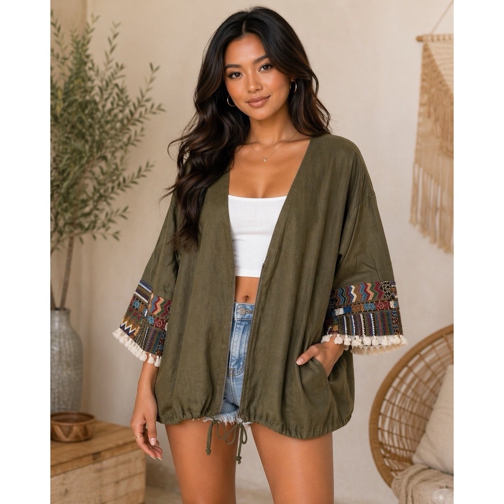 Womens Olive Boho Jacket XL Embroidered Tribal Trim Tassel Open Front